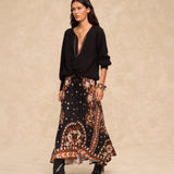 DELPHINE | Black Paisley Floral Print Midi Skirt