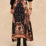 DELPHINE | Black Paisley Floral Print Midi Skirt