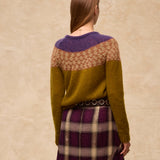 LOUVRE | Moss Green Knit Sweater with Colourblock Yoke