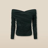 JANE | Forest Green Draped Jersey Off-Shoulder Top