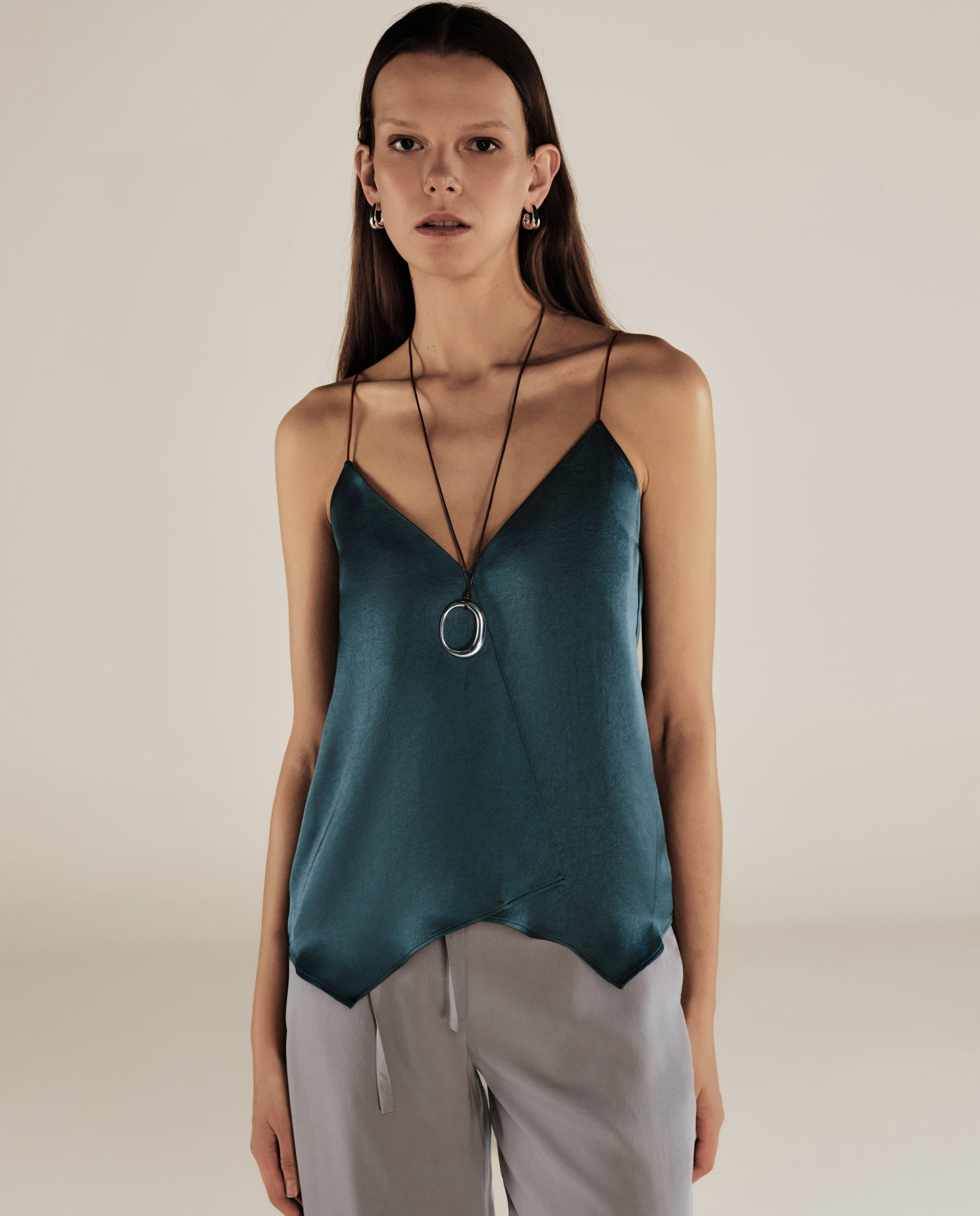 BELEN | Peacock Green Satin Strap Camisole Top