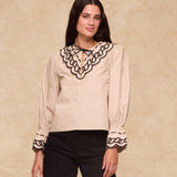 BRUNELLA | Light Camel Embroidered Cotton Blouse