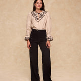 BRUNELLA | Light Camel Embroidered Cotton Blouse