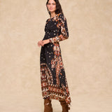 DELPHINE | Black Paisley Floral Print Midi Dress