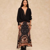 DELPHINE | Black Paisley Floral Print Midi Skirt