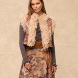 ERICA | Short Jacquard Vest with Faux Mongolian Fur Collar