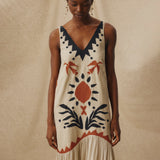 HELEN | Ecru Cotton-Linen Embroidered Drop Waist Midi Dress