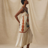 HELEN | Ecru Cotton-Linen Embroidered Drop Waist Midi Dress