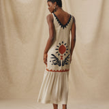HELEN | Ecru Cotton-Linen Embroidered Drop Waist Midi Dress