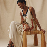 HELEN | Ecru Cotton-Linen Embroidered Drop Waist Midi Dress