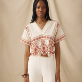VINTAGE | Ecru & Burnt Orange Embroidered Cotton Blouse