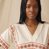 VINTAGE | Ecru & Burnt Orange Embroidered Cotton Blouse