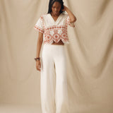 VINTAGE | Ecru & Burnt Orange Embroidered Cotton Blouse