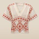 VINTAGE | Ecru & Burnt Orange Embroidered Cotton Blouse
