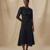 APSARA | Black Lace Ruched Cotton Midi Dress