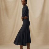 APSARA | Black Lace Ruched Cotton Midi Dress