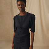 APSARA | Black Lace Ruched Cotton Midi Dress