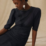 APSARA | Black Lace Ruched Cotton Midi Dress