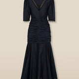 APSARA | Black Lace Ruched Cotton Midi Dress