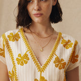 AVANT | Ecru & Ochre Green Embroidered Cotton Linen Tunic