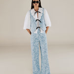 AARYA | Pale Denim Blue Wide-Leg Paisley Cotton Trousers