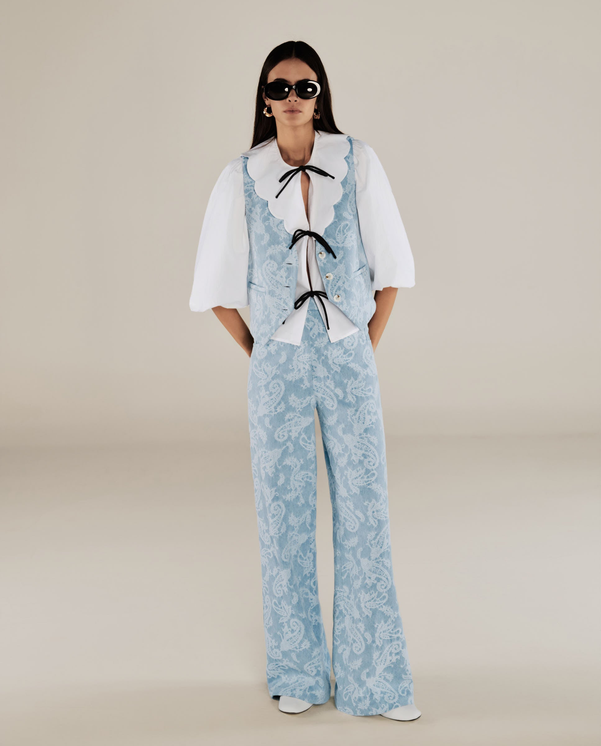 AARYA | Pale Denim Blue Wide-Leg Paisley Cotton Trousers