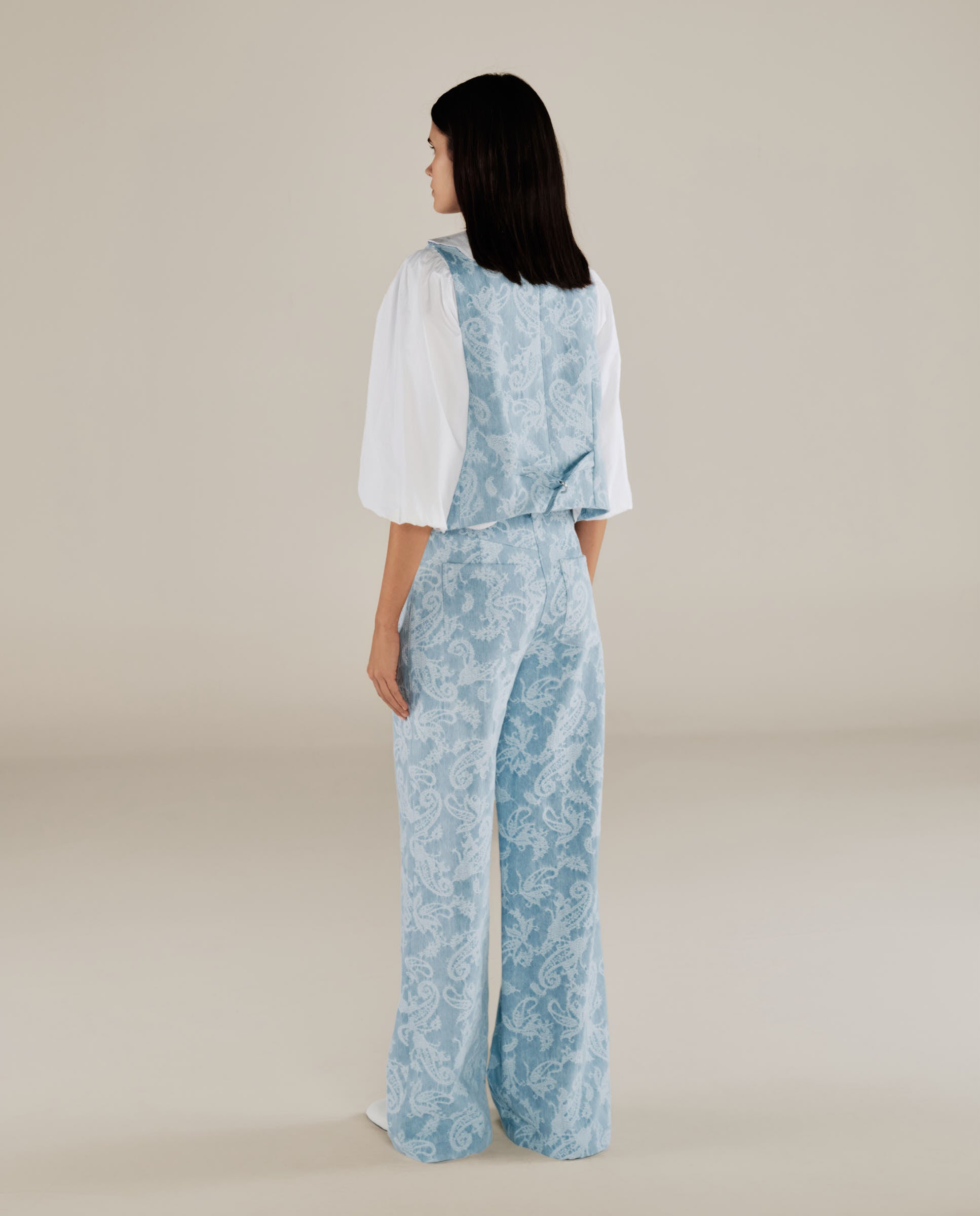 AARYA | Pale Denim Blue Wide-Leg Paisley Cotton Trousers