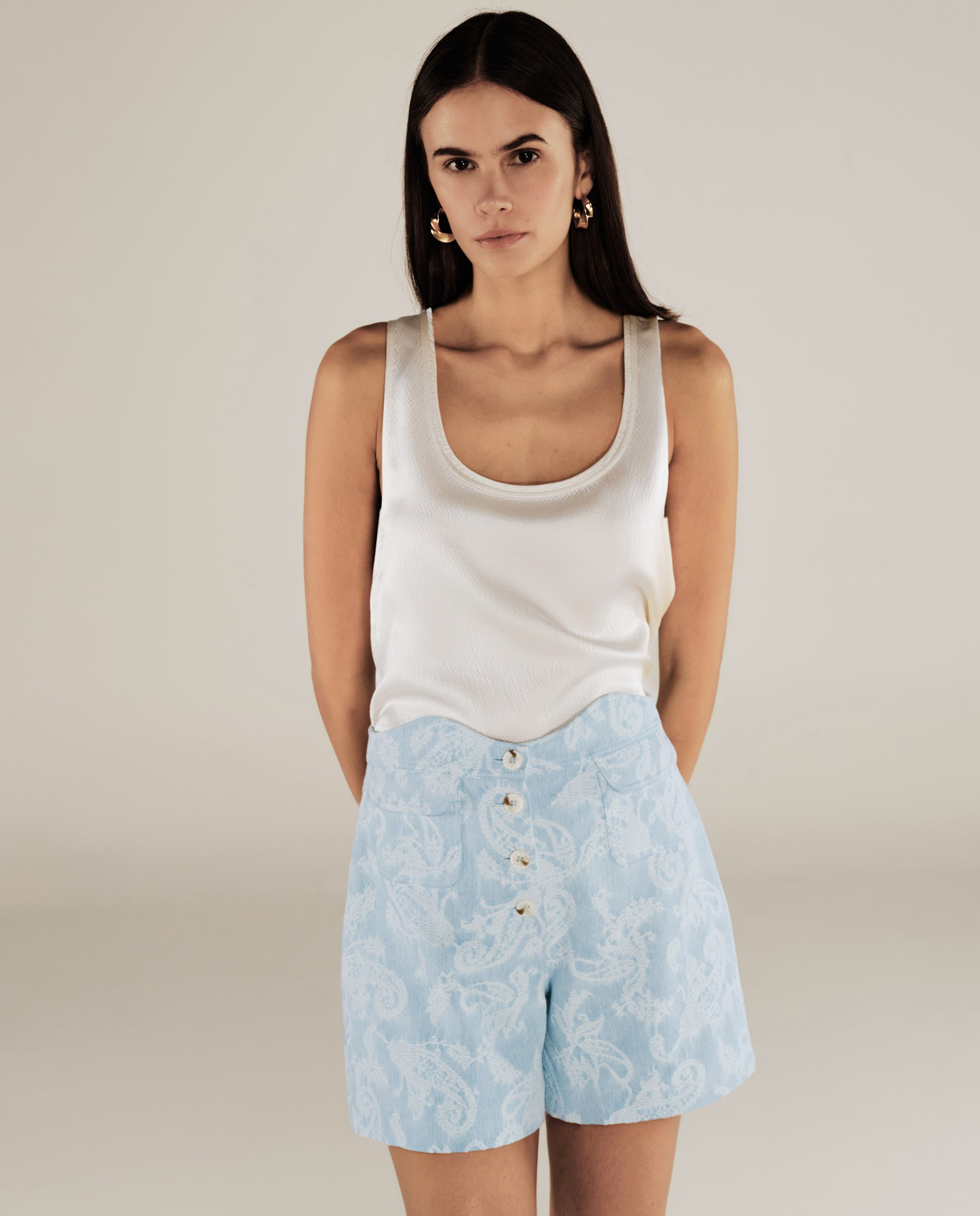 AARYA | Pale Denim Blue Paisley Cotton Shorts