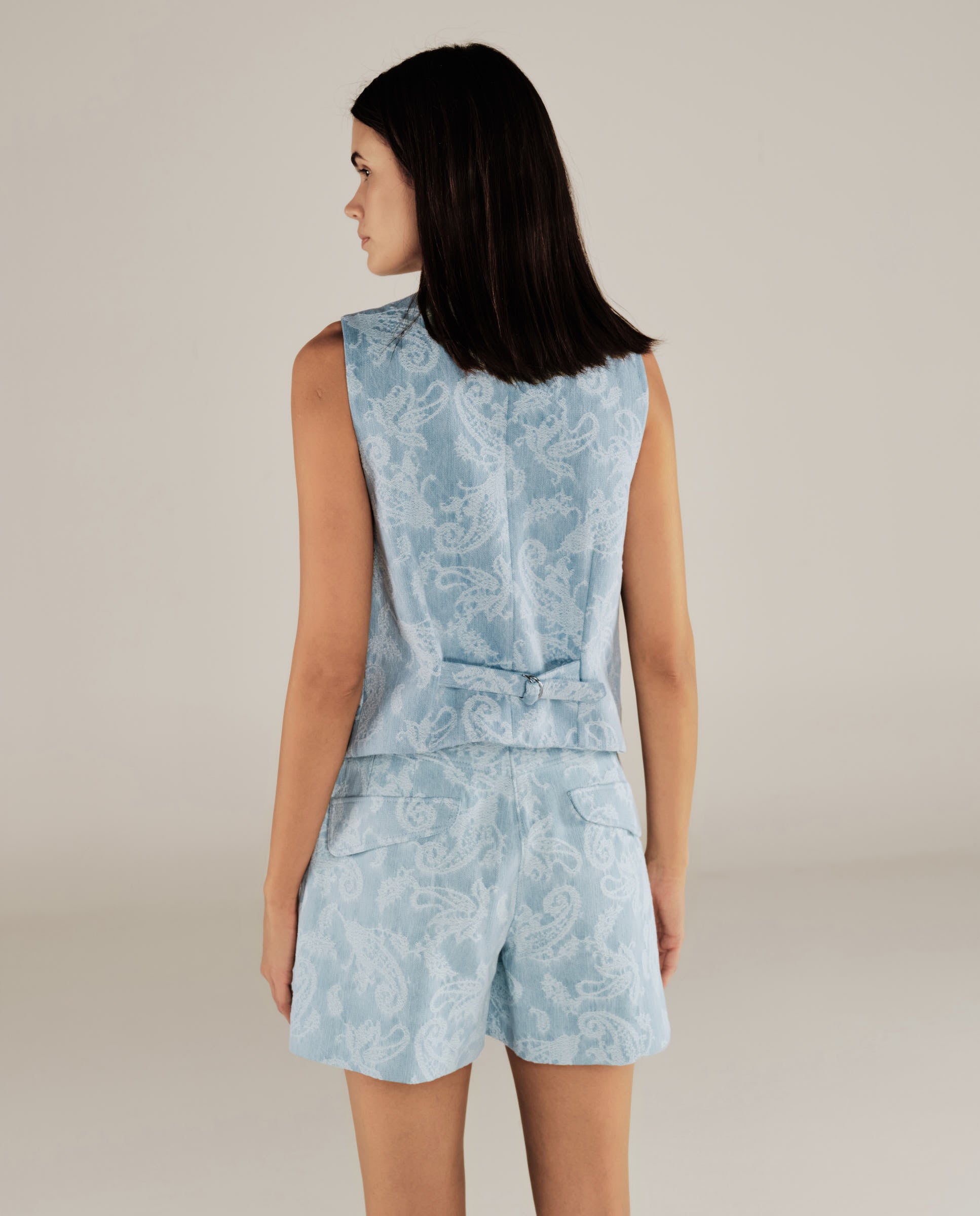 AARYA | Pale Denim Blue Paisley Cotton Shorts