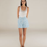 AARYA | Pale Denim Blue Paisley Cotton Shorts