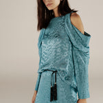 BHAKTI | Turquoise Blue Jacquard Leopard Print Blouse