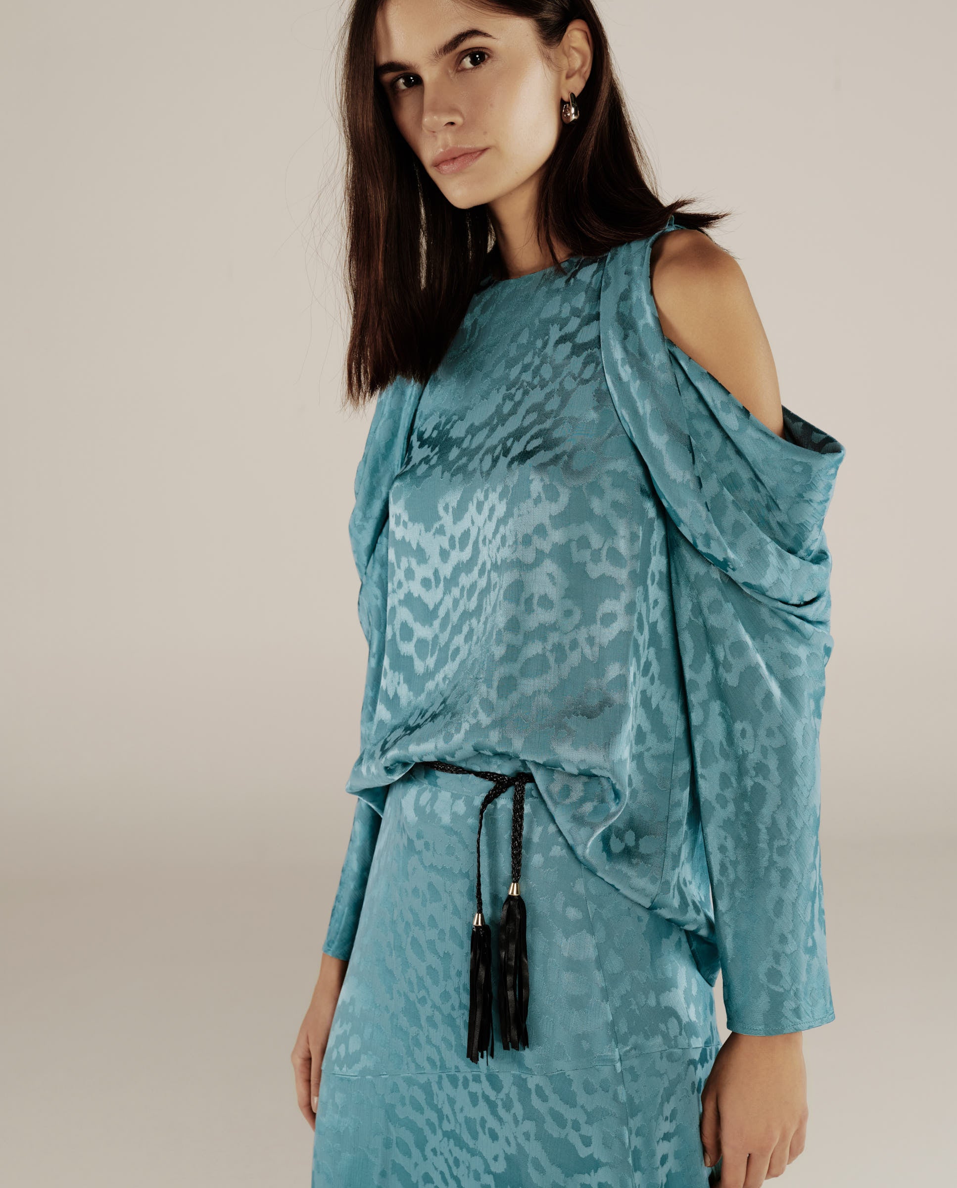 BHAKTI | Turquoise Blue Jacquard Leopard Print Blouse