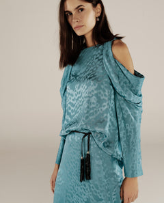 BHAKTI | Turquoise Blue Jacquard Leopard Print Blouse