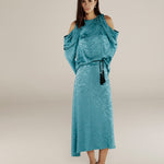BHAKTI | Turquoise Blue Jacquard Leopard Print Blouse