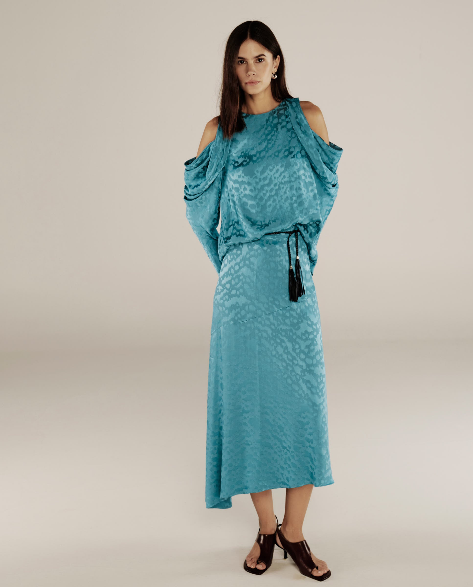 BHAKTI | Turquoise Blue Jacquard Leopard Print Blouse