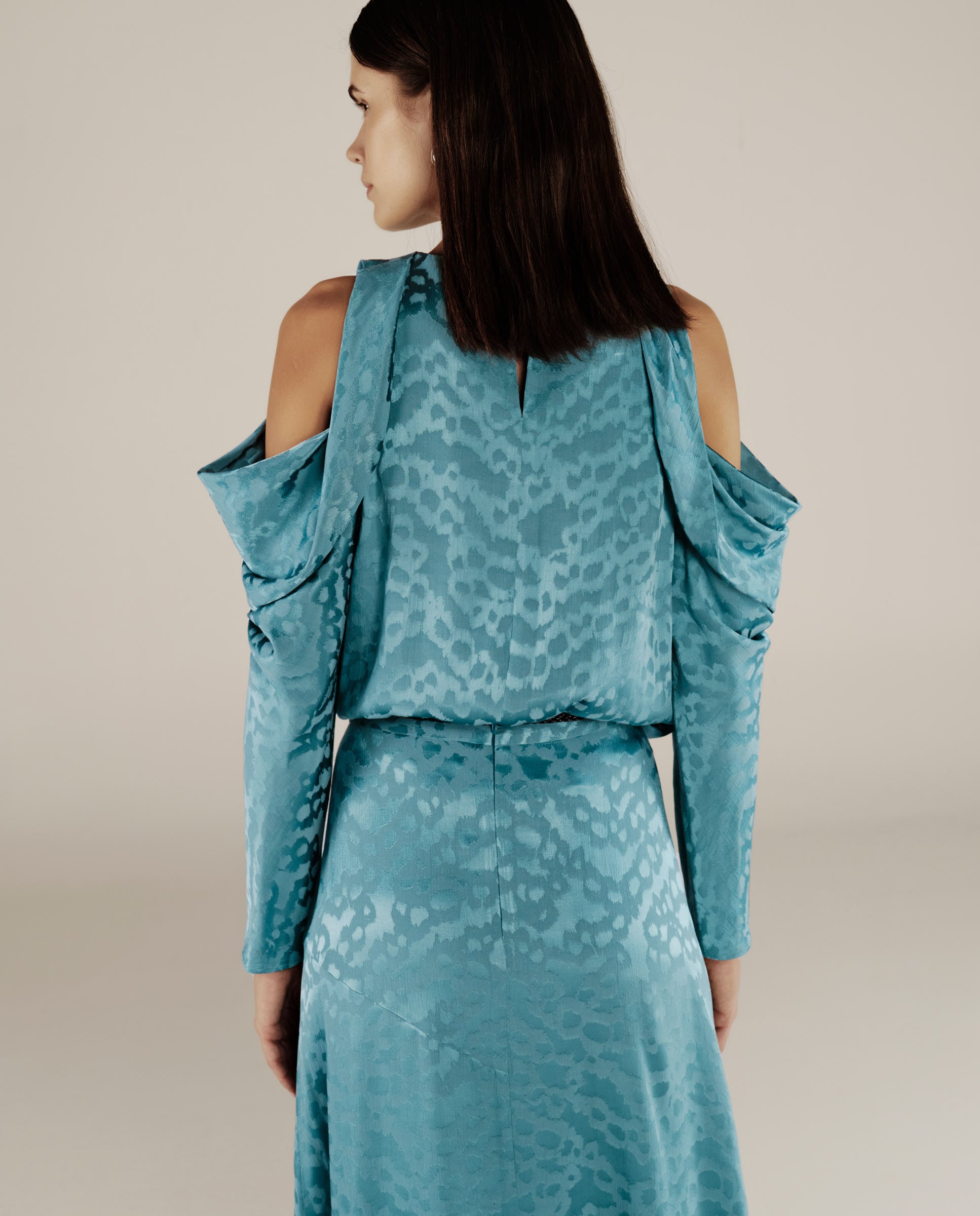 BHAKTI | Turquoise Blue Jacquard Leopard Print Blouse