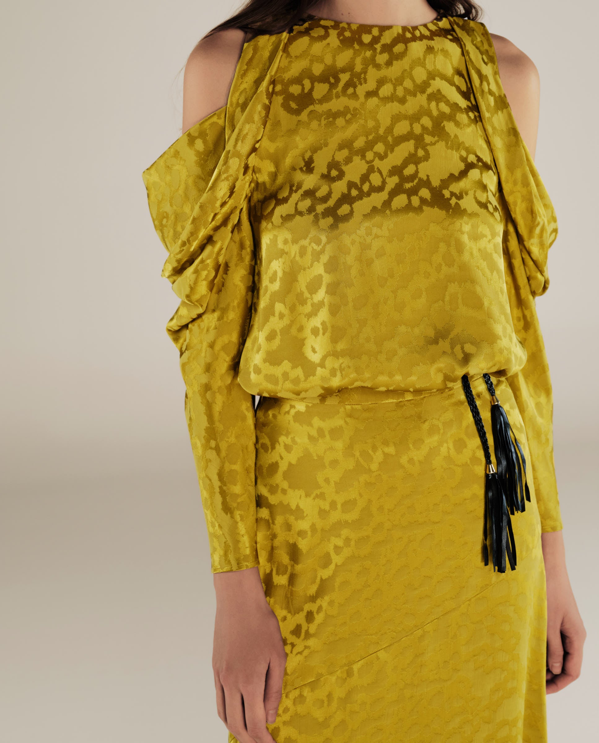 BHAKTI | Chartreuse Yellow Jacquard Leopard Print Blouse