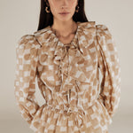 GURNOOR | Soft Brown Check Ruffle Cotton Blouse