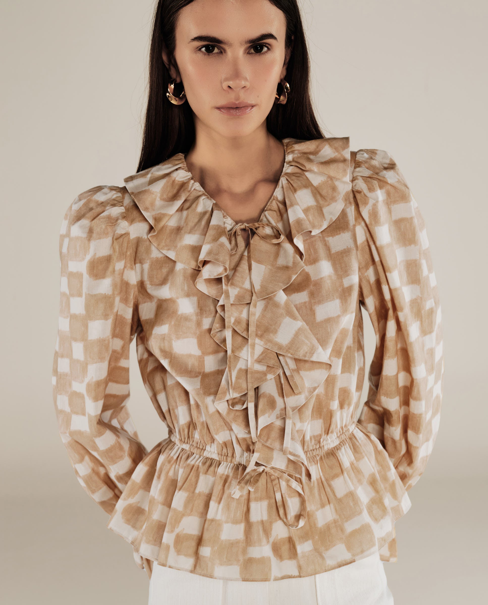GURNOOR | Soft Brown Check Ruffle Cotton Blouse