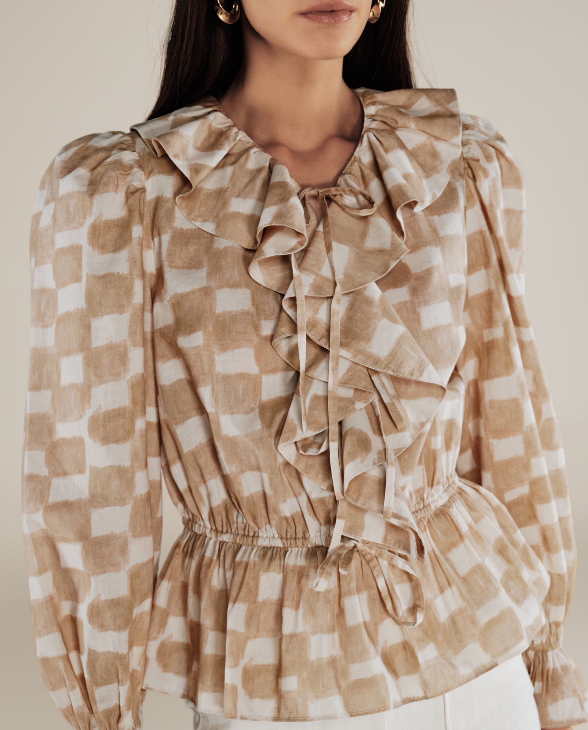 GURNOOR | Soft Brown Check Ruffle Cotton Blouse