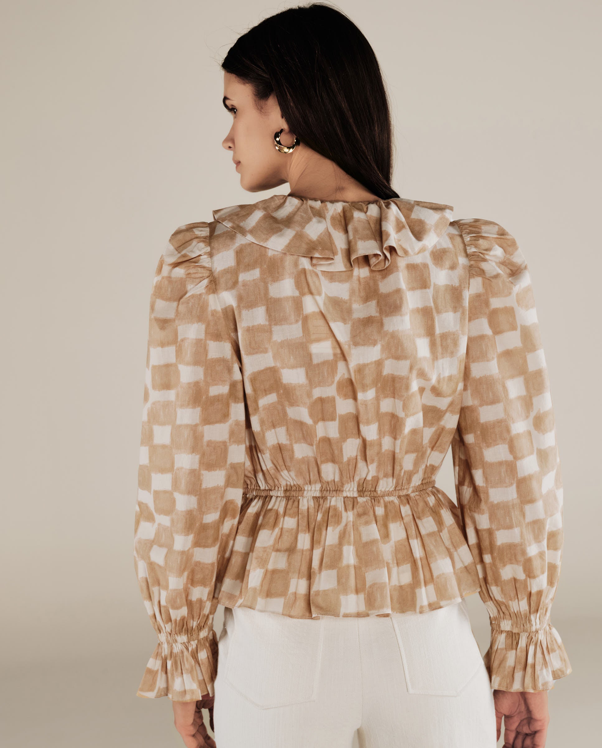 GURNOOR | Soft Brown Check Ruffle Cotton Blouse