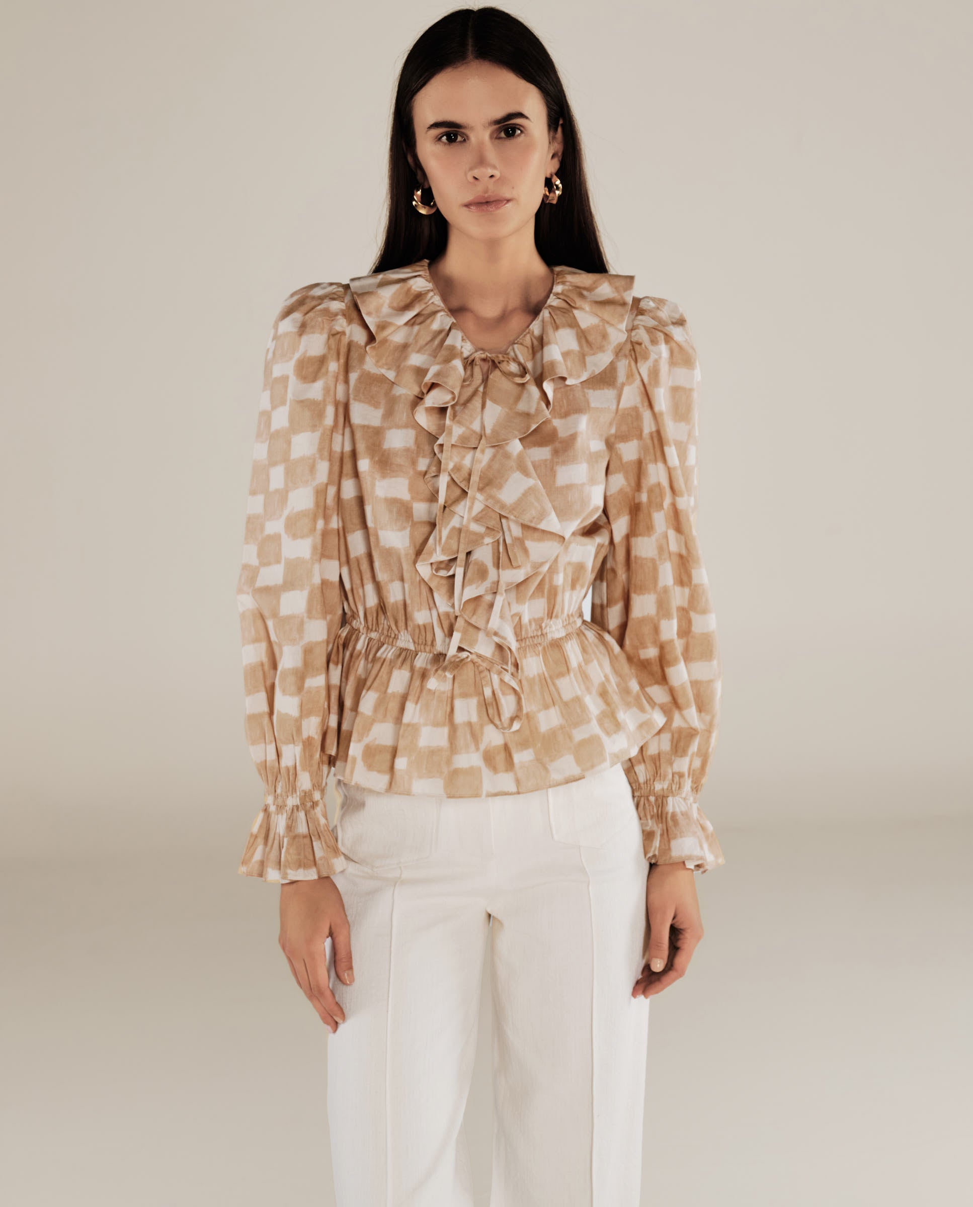 GURNOOR | Soft Brown Check Ruffle Cotton Blouse