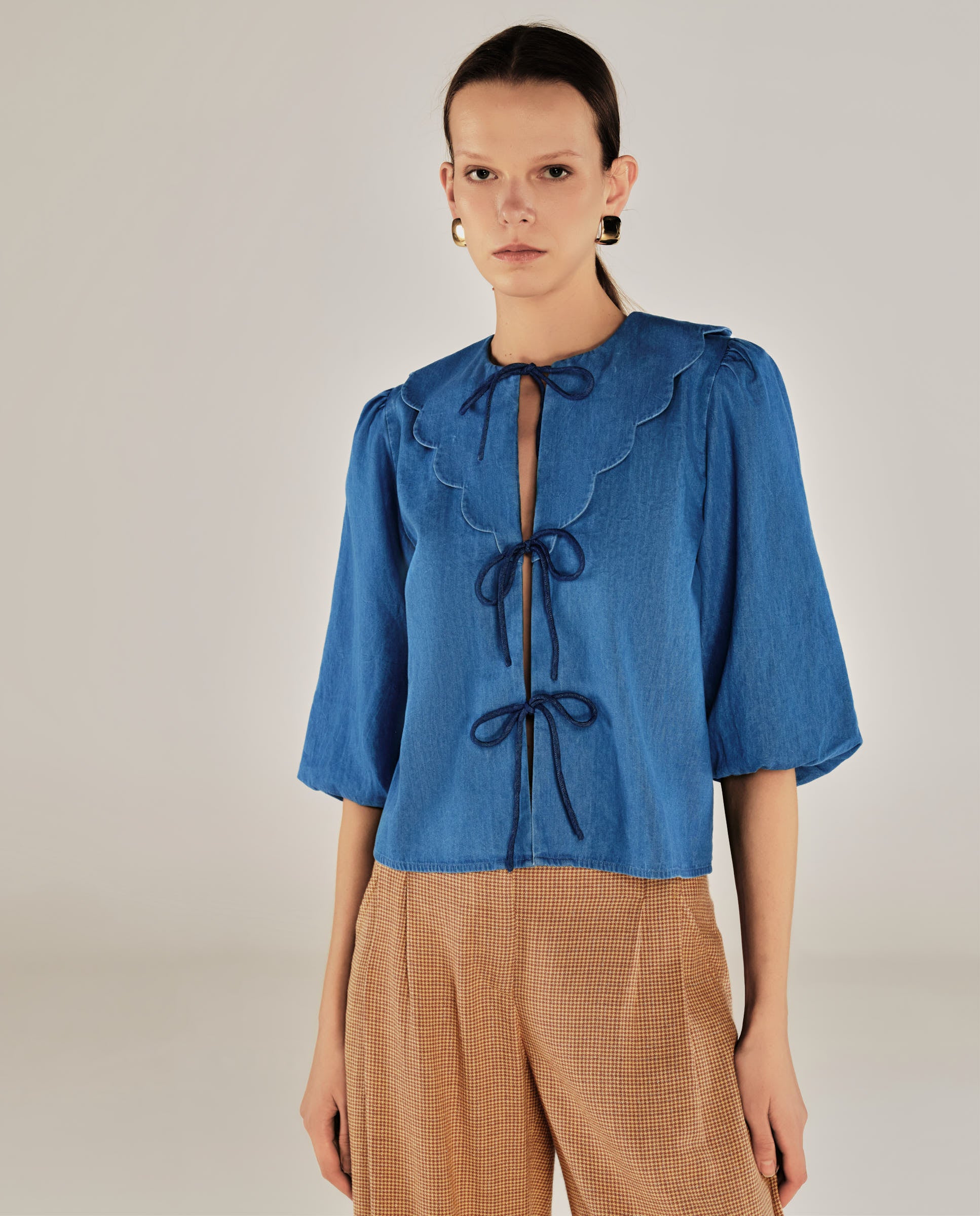 BRUNELLA | Denim Blue Tie Front Cotton Blouse