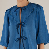 BRUNELLA | Denim Blue Tie Front Cotton Blouse