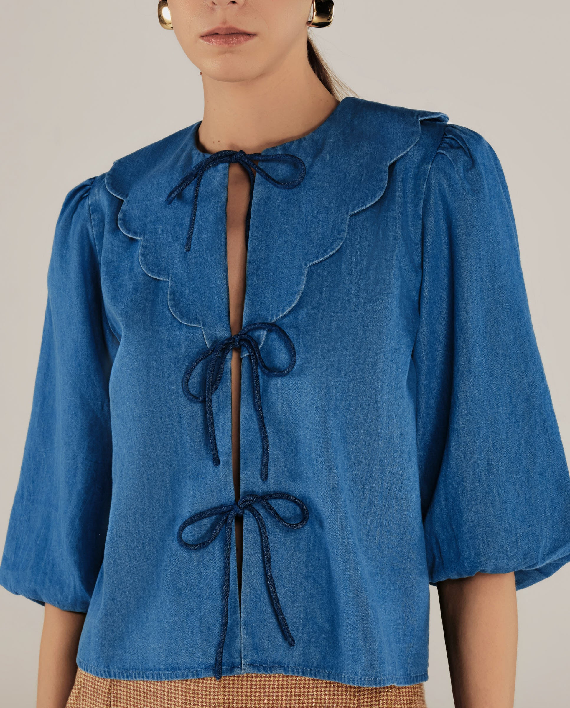 BRUNELLA | Denim Blue Tie Front Cotton Blouse