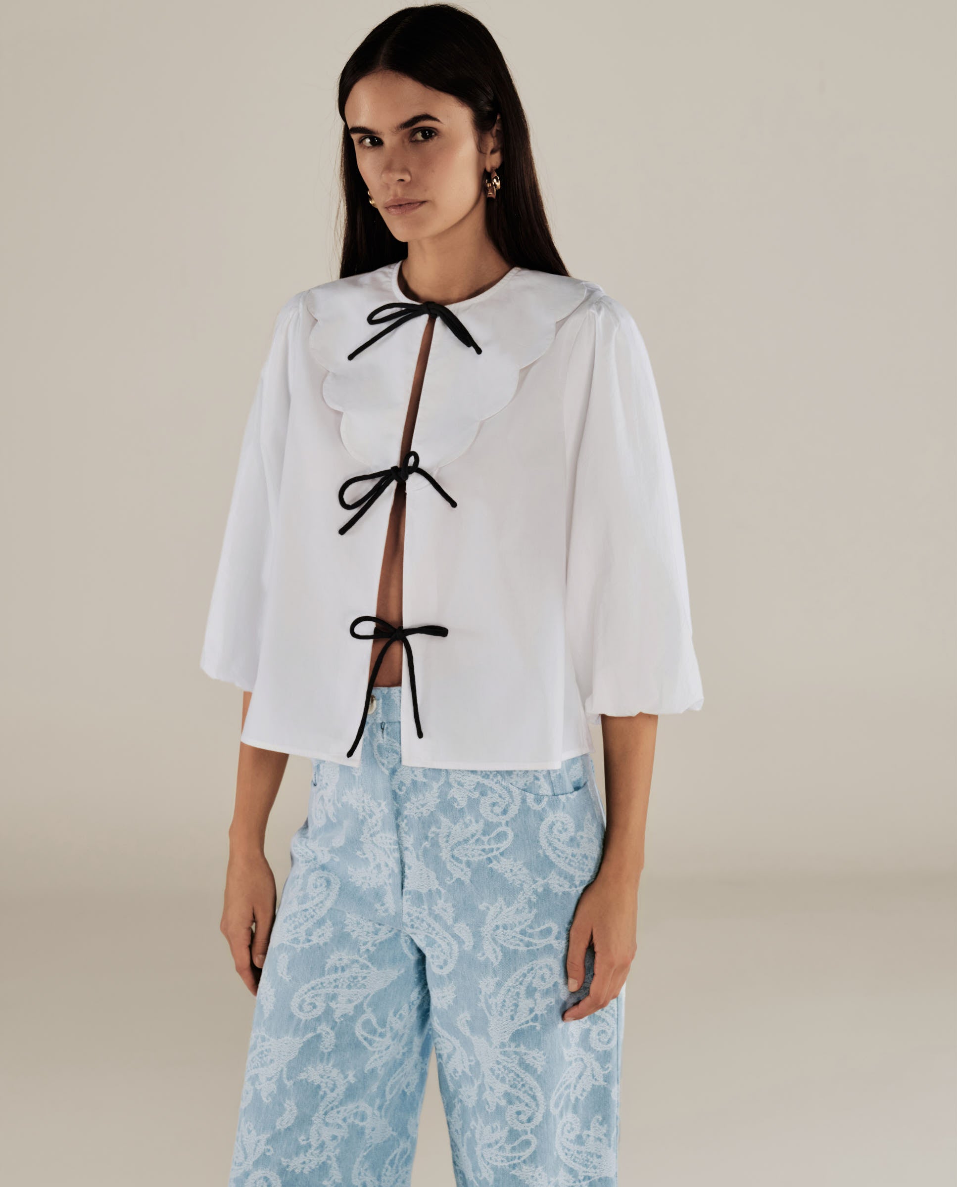BRUNELLA | White Tie Front Cotton Blouse