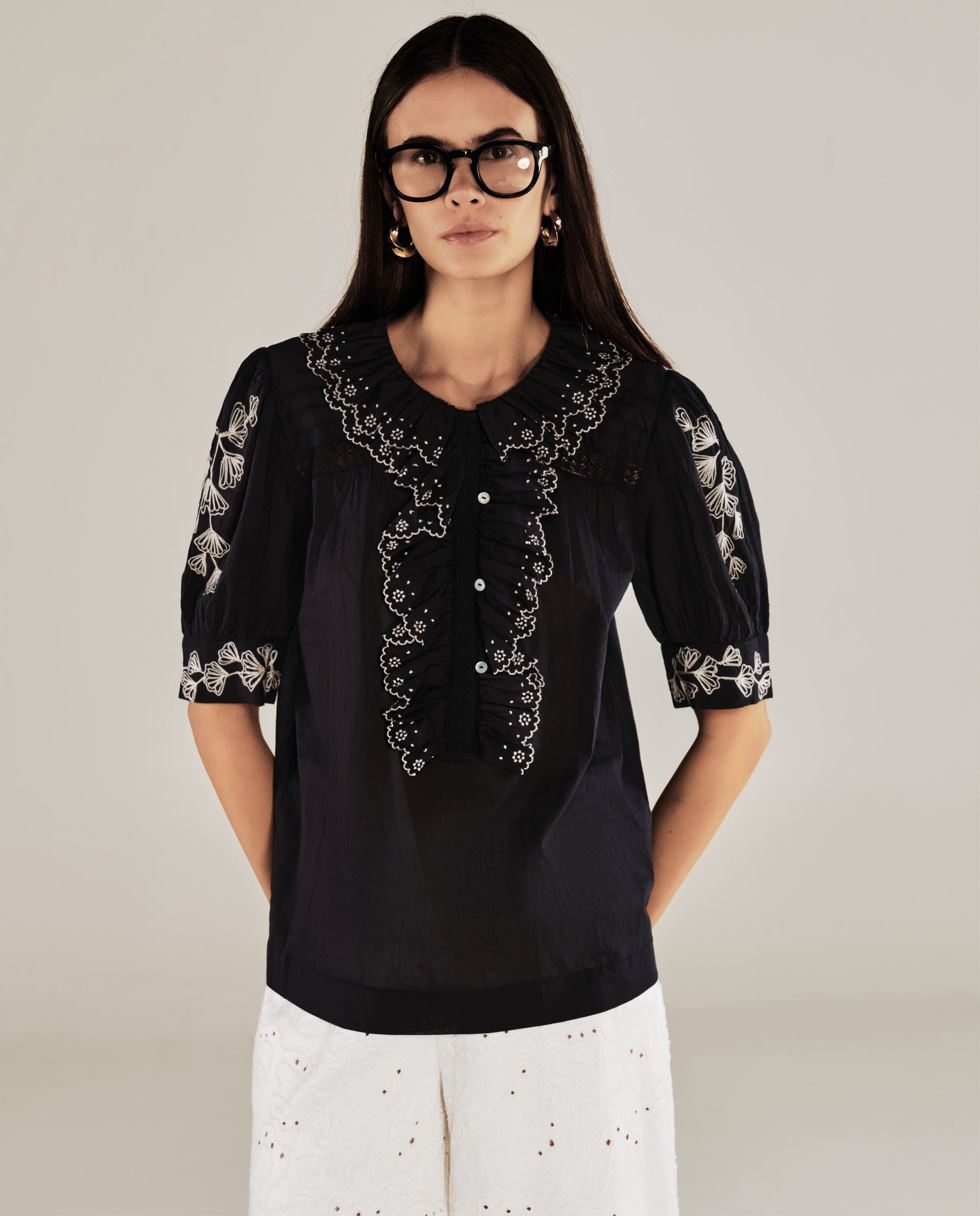 WENDY | Black Embroidery Cotton Blouse