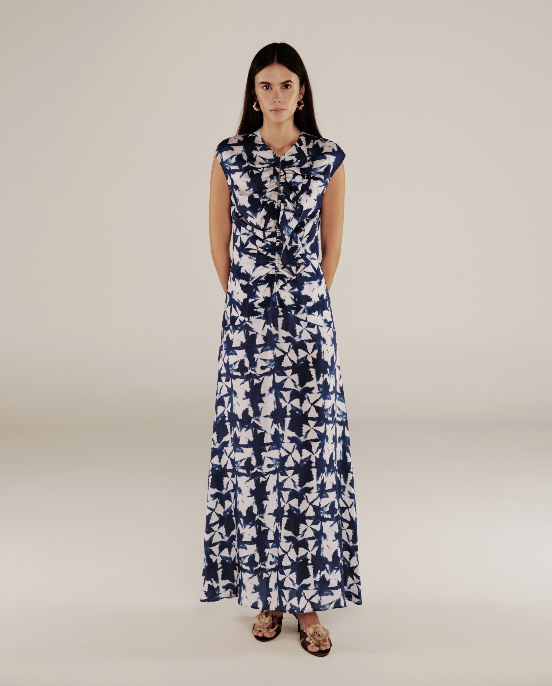 SAACHI | Blue Print Ruffle Maxi Dress