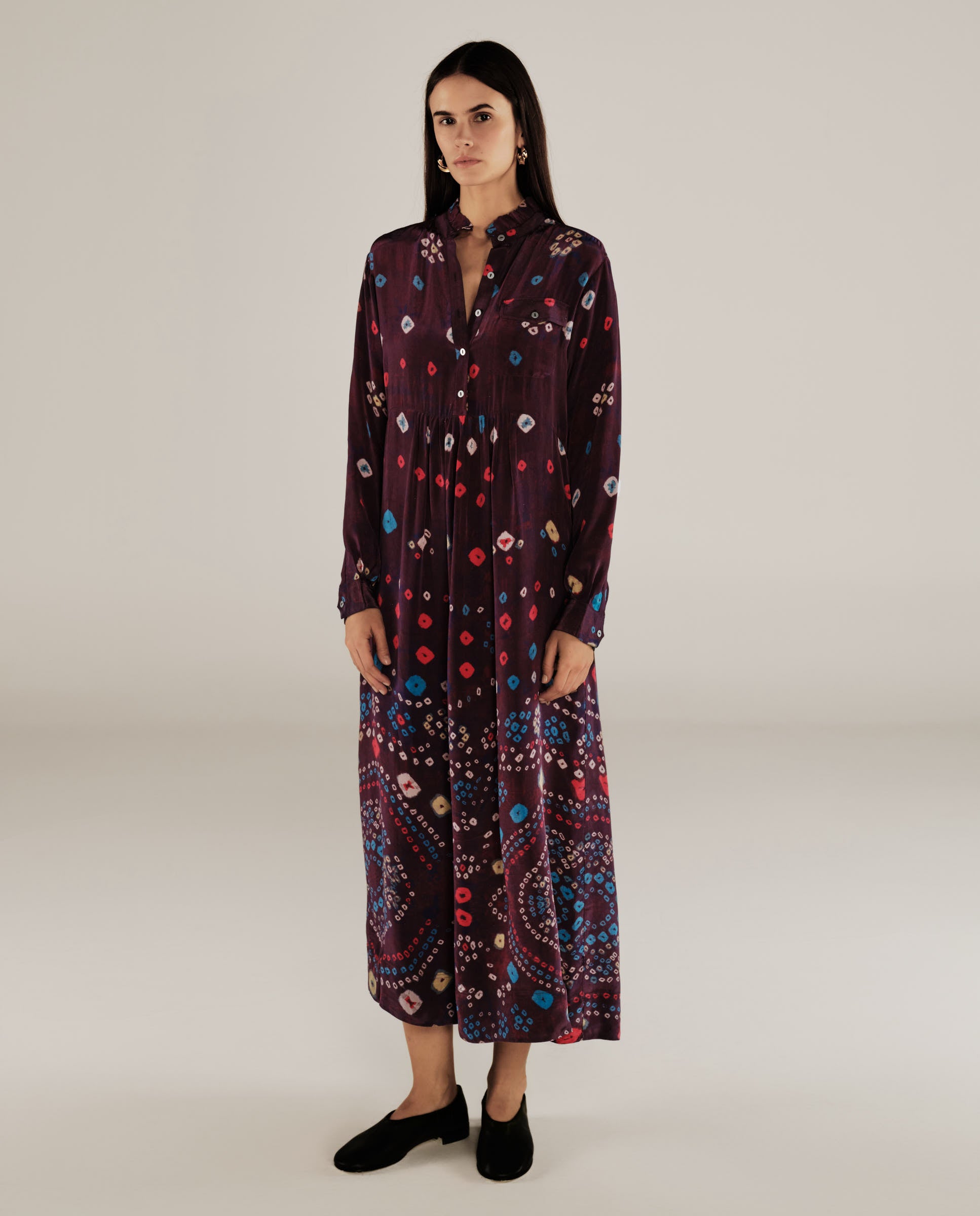 KAKOLI | Aubergine Multicoloured Ruffle Neck Print Midi Dress