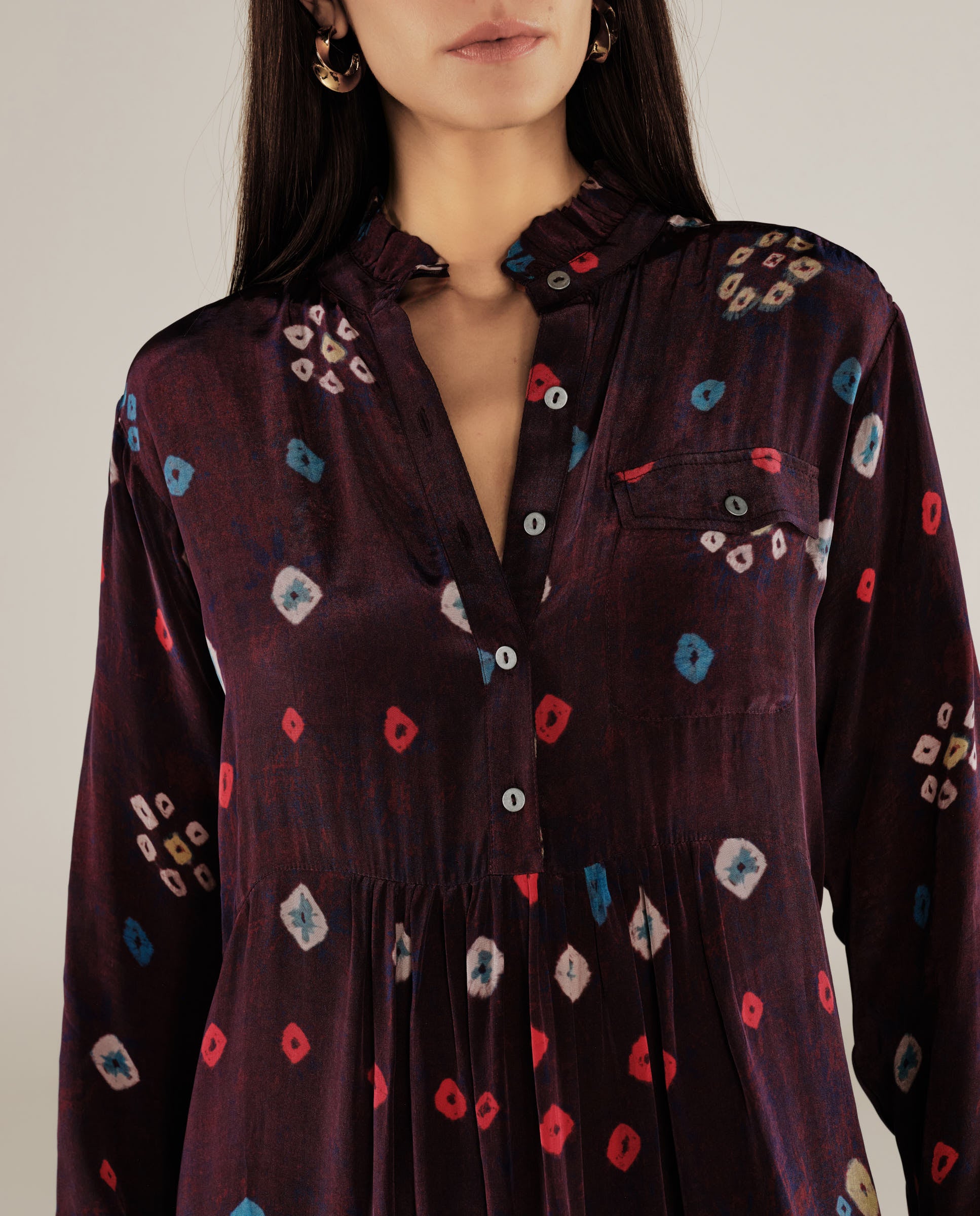 KAKOLI | Aubergine Multicoloured Ruffle Neck Print Midi Dress